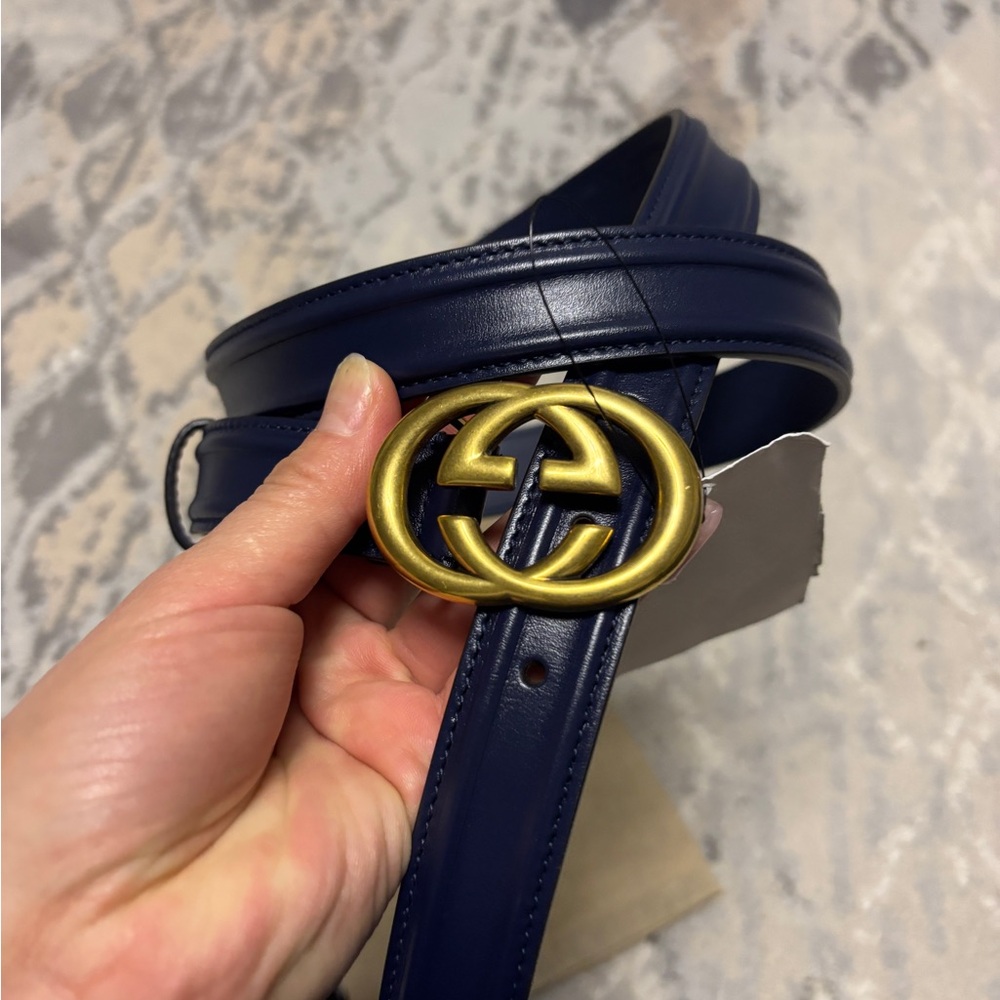 GUCCI BELT GG MARMONT ANTIQUE BRASS MEMORABLE BUCKLE BLUE AGATA WOMENS
